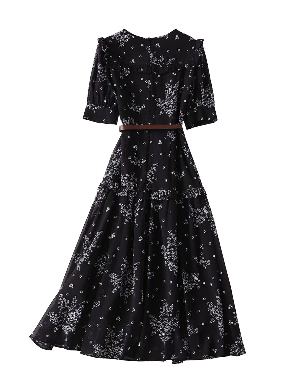 Ruffled Shoulder Black Wild Daisy Print Silk Dress