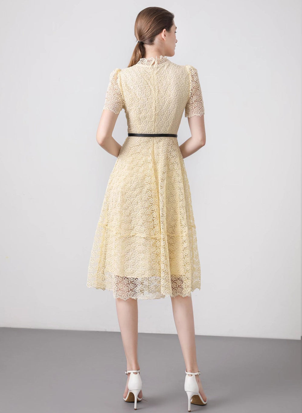 High-neck Puffy Lace-trimmed Midi Dress in Cream