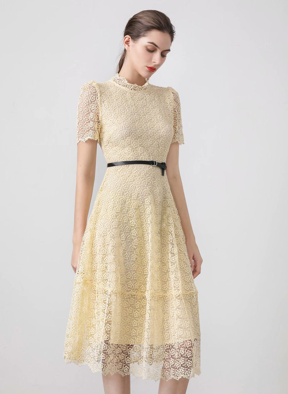 High-neck Puffy Lace-trimmed Midi Dress in Cream