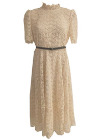 High-neck Puffy Lace-trimmed Midi Dress in Cream