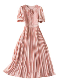 Tie-neck Embroidered Puffy Pleated Midi Dress in Pink