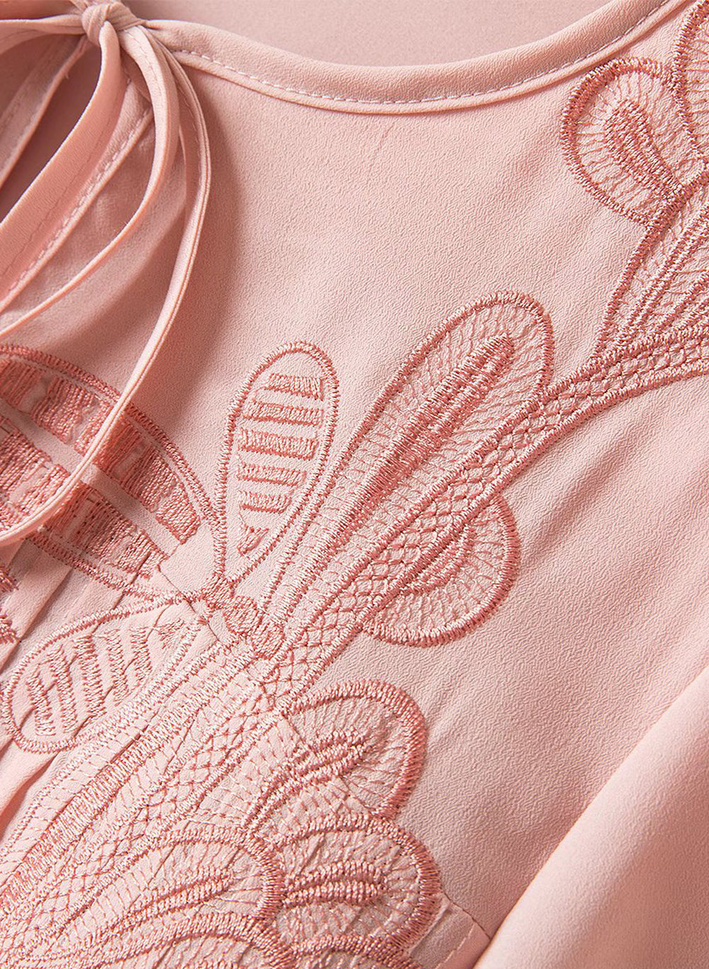 Tie-neck Embroidered Puffy Pleated Midi Dress in Pink