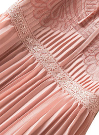 Tie-neck Embroidered Puffy Pleated Midi Dress in Pink