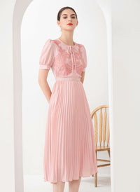 Tie-neck Embroidered Puffy Pleated Midi Dress in Pink