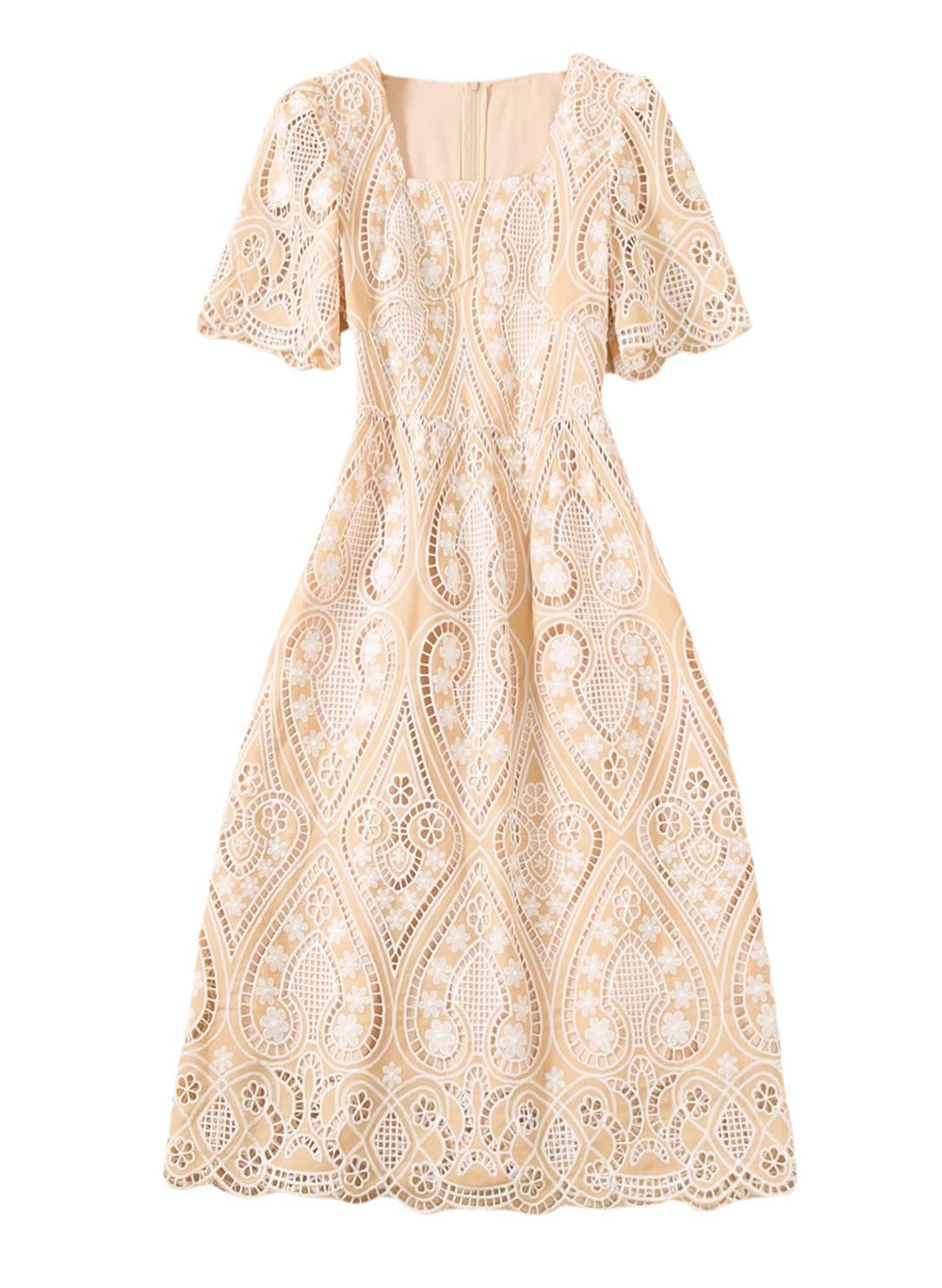 Square Neck Puffy Sleeve Eyelet Flared Midi Dress in Beige