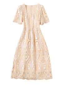 Square Neck Puffy Sleeve Eyelet Flared Midi Dress in Beige