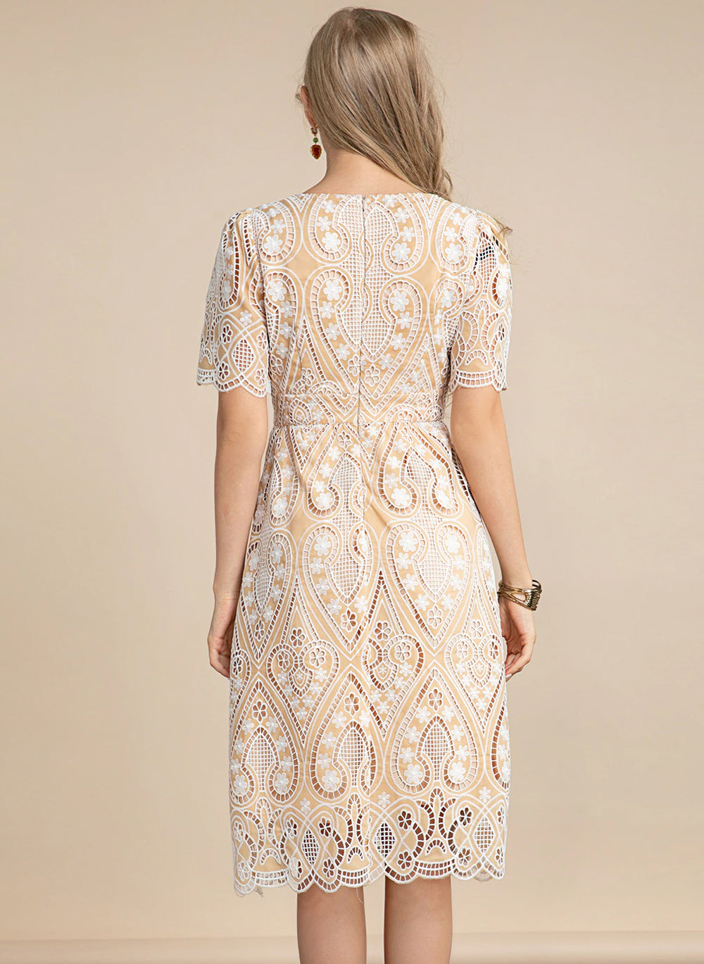 Square Neck Puffy Sleeve Eyelet Flared Midi Dress in Beige