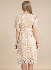 Square Neck Puffy Sleeve Eyelet Flared Midi Dress in Beige