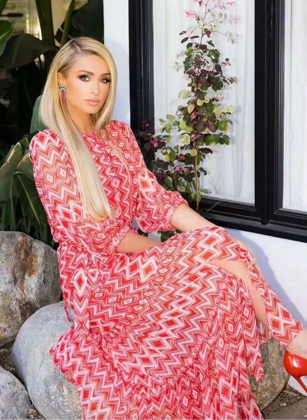 Paris Hilton Geo Printed Elbow Sleeve Fit-and-Flare Tiered Dress