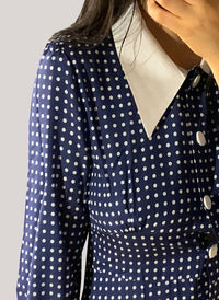 SJP Inspired Navy Button-Down Polka Dot Midi Shirt Dress