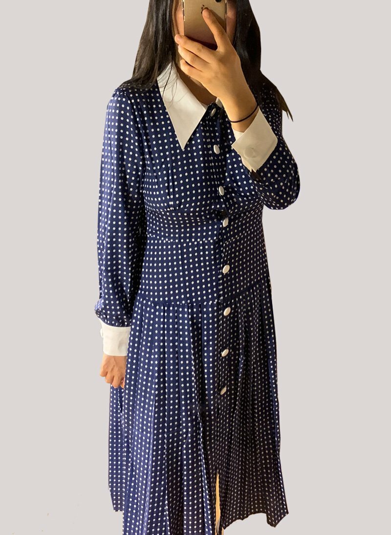 SJP Inspired Navy Button-Down Polka Dot Midi Shirt Dress