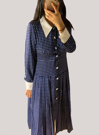 SJP Inspired Navy Button-Down Polka Dot Midi Shirt Dress