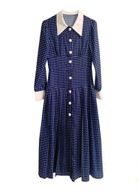 SJP Inspired Navy Button-Down Polka Dot Midi Shirt Dress