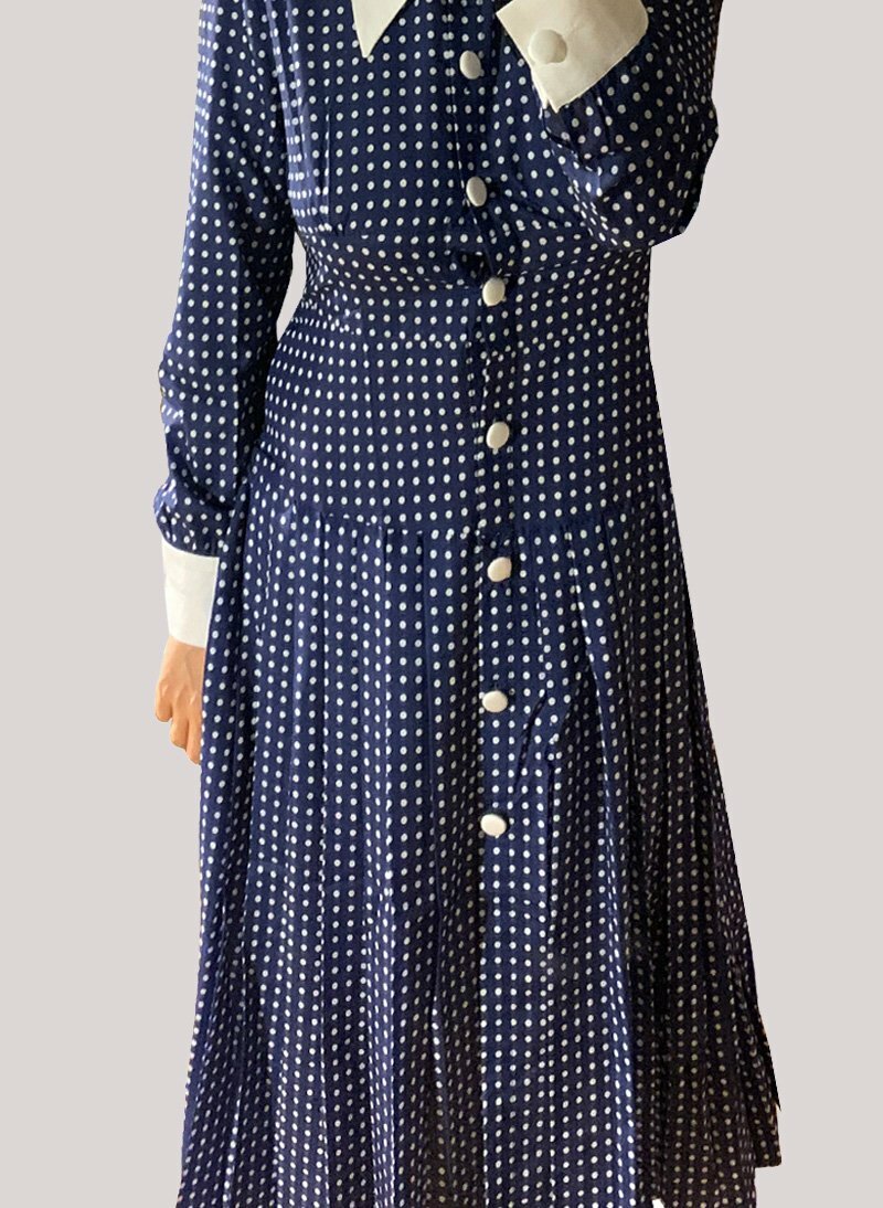 SJP Inspired Navy Button-Down Polka Dot Midi Shirt Dress