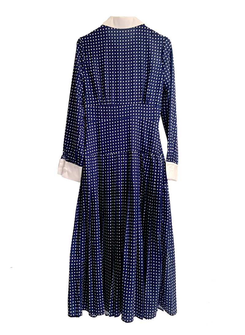 SJP Inspired Navy Button-Down Polka Dot Midi Shirt Dress