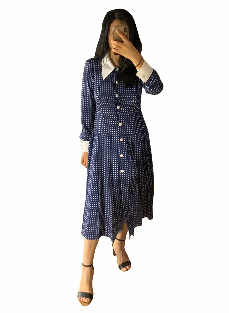 SJP Inspired Navy Button-Down Polka Dot Midi Shirt Dress