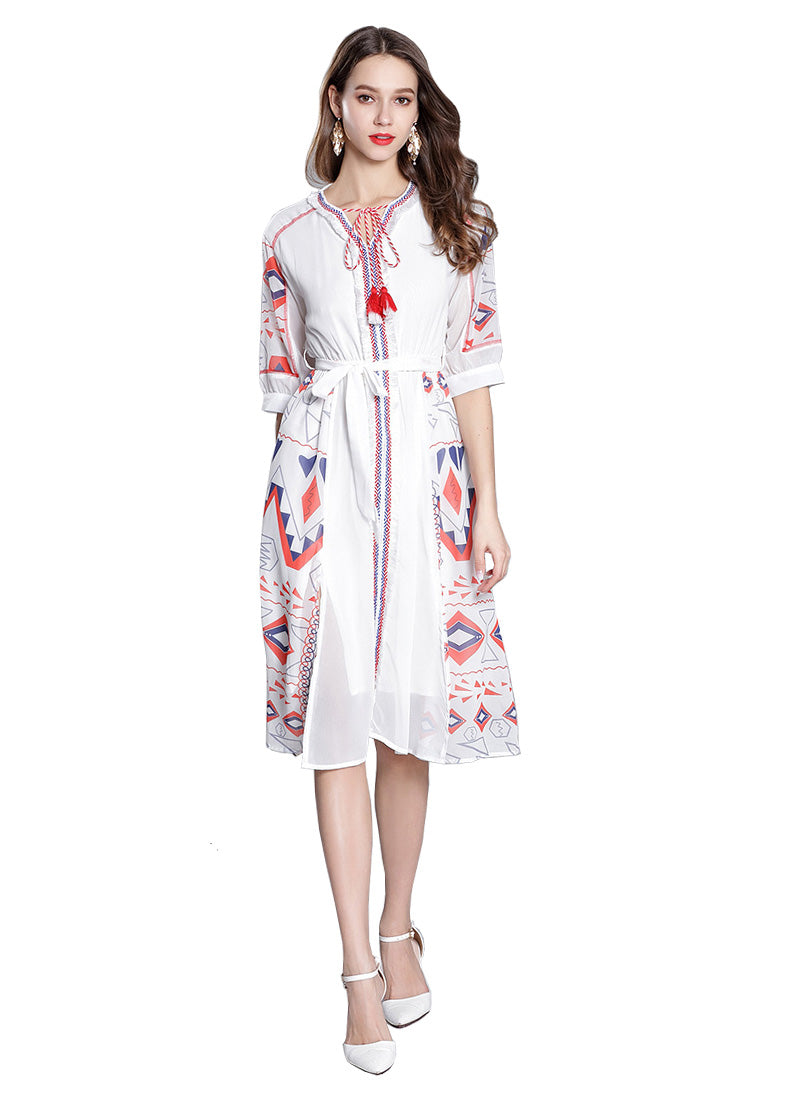 Mexican Embroidered Peasant Chiffon Midi Dress in White