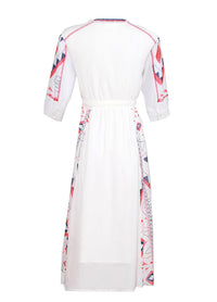 Mexican Embroidered Peasant Chiffon Midi Dress in White