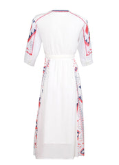 Mexican Embroidered Peasant Chiffon Midi Dress in White