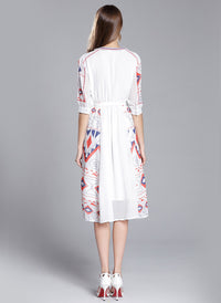 Mexican Embroidered Peasant Chiffon Midi Dress in White