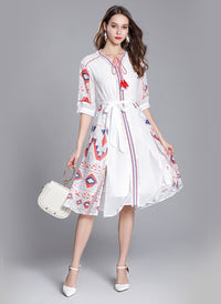 Mexican Embroidered Peasant Chiffon Midi Dress in White