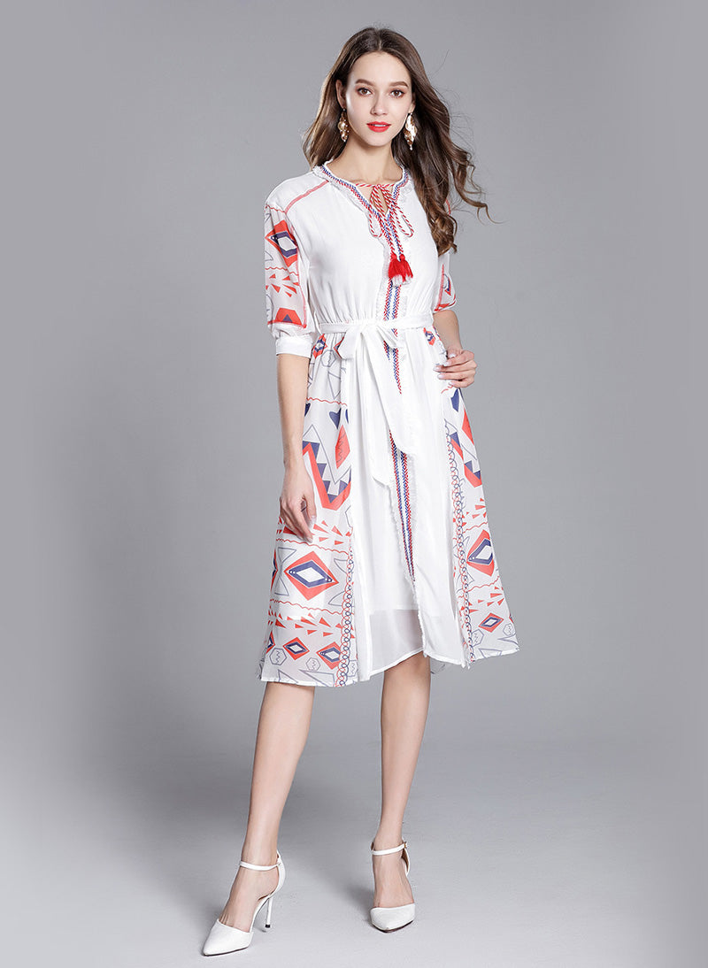 Mexican Embroidered Peasant Chiffon Midi Dress in White