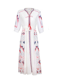 Mexican Embroidered Peasant Chiffon Midi Dress in White