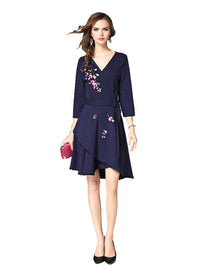 Floral Embroidered Wrap Midi Dress in Navy