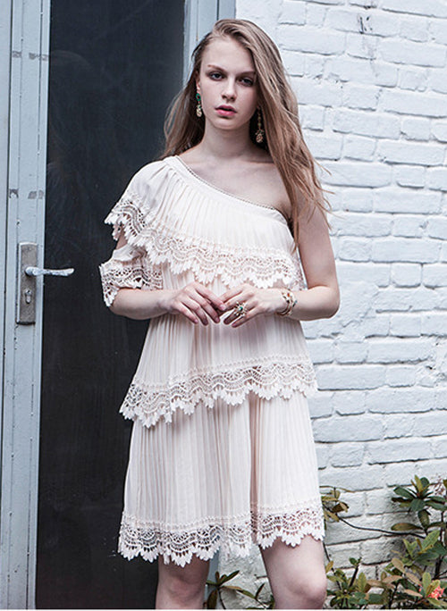 One Shoulder Pleated Embroidered Dress