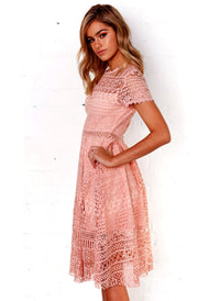 Short Sleeve Cotton Crochet Skater Dress in Rose Pink