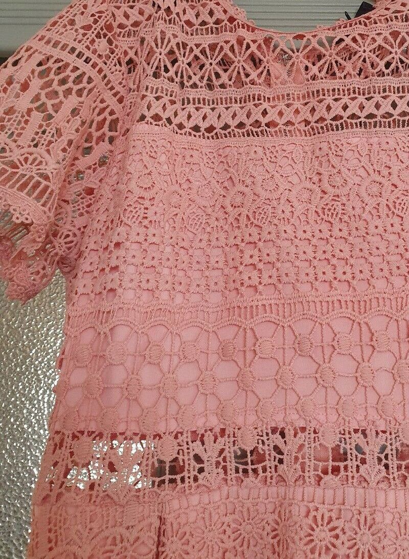 Short Sleeve Cotton Crochet Skater Dress in Rose Pink