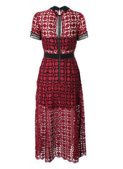 Olivia Crochet Scallop-Edged Midi Dress in Burgundy