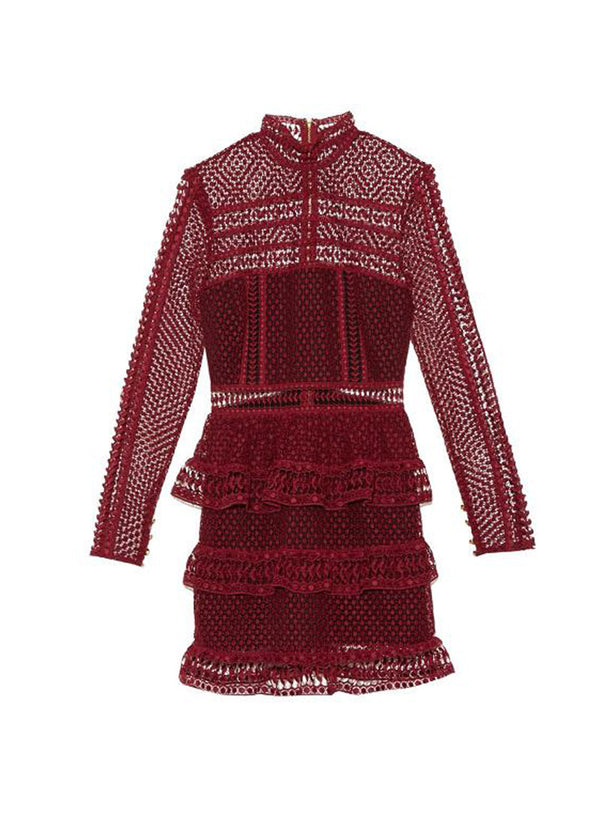 High Neck Tiered Lace Mini Party Dress in Burgundy