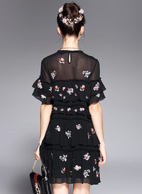 Floral Embroidered Tiered Mesh Shift Dress