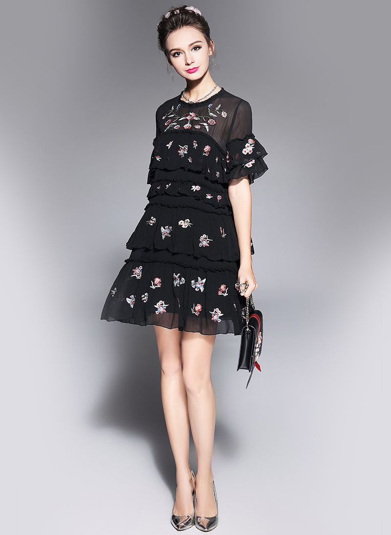 Floral Embroidered Tiered Mesh Shift Dress