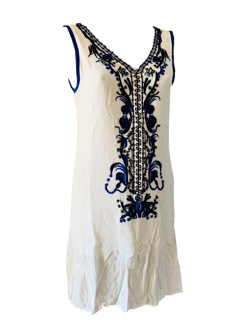 Sleeveless V-neck Cotton Linen Embellished Mini Dress in White