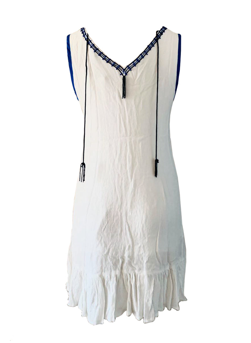 Sleeveless V-neck Cotton Linen Embellished Mini Dress in White