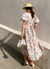 Puffy Short Sleeve Floral Print Cotton Fit-and-Flare Midi Dress