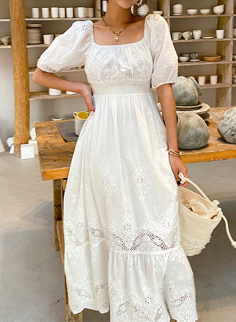 Victorian Square Neck Embroidered Cotton Tiered Peasant Dress