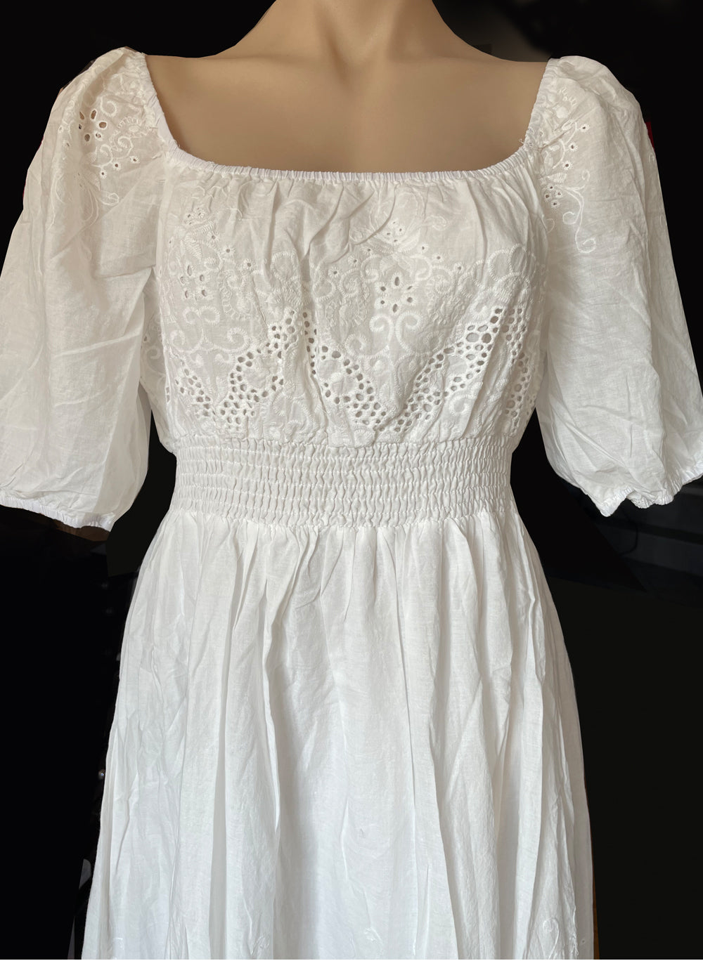 Victorian Square Neck Embroidered Cotton Tiered Peasant Dress