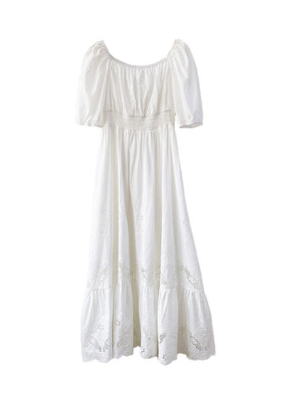 Victorian Square Neck Embroidered Cotton Tiered Peasant Dress