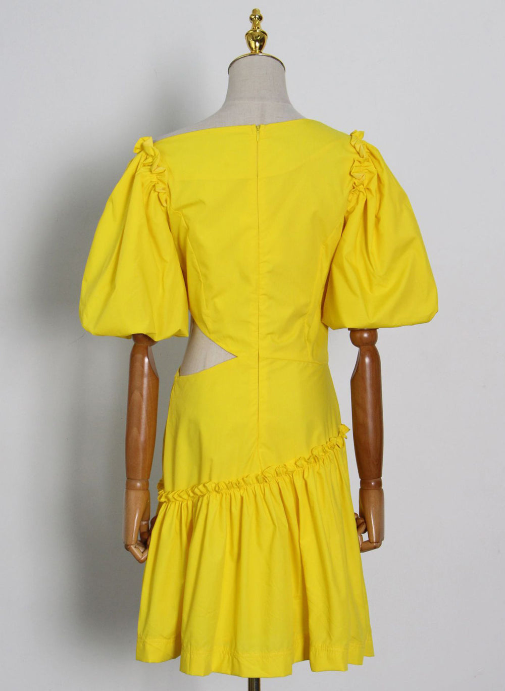 Asymmetric Cutout Waist Ruffled Mini Party Dress in Yellow