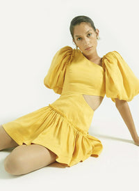 Asymmetric Cutout Waist Ruffled Mini Party Dress in Yellow