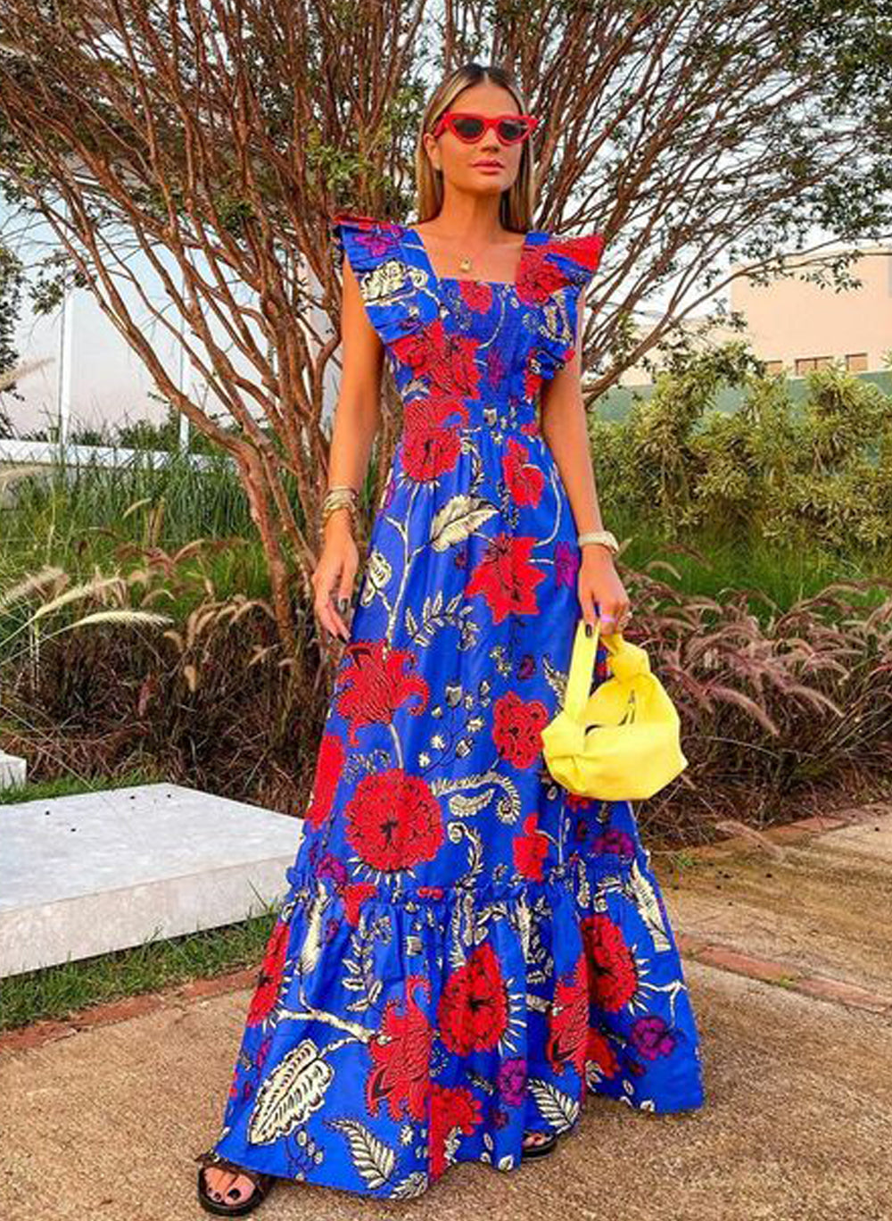 Floral Print Ruffled Shirred Maxi Tiered Dress