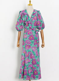 Puffy Sleeve Ruffled V-neck Floral Print Wrap Dress