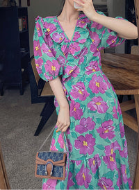 Puffy Sleeve Ruffled V-neck Floral Print Wrap Dress