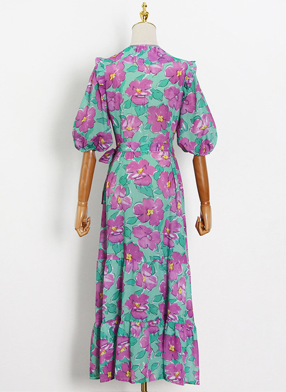 Puffy Sleeve Ruffled V-neck Floral Print Wrap Dress