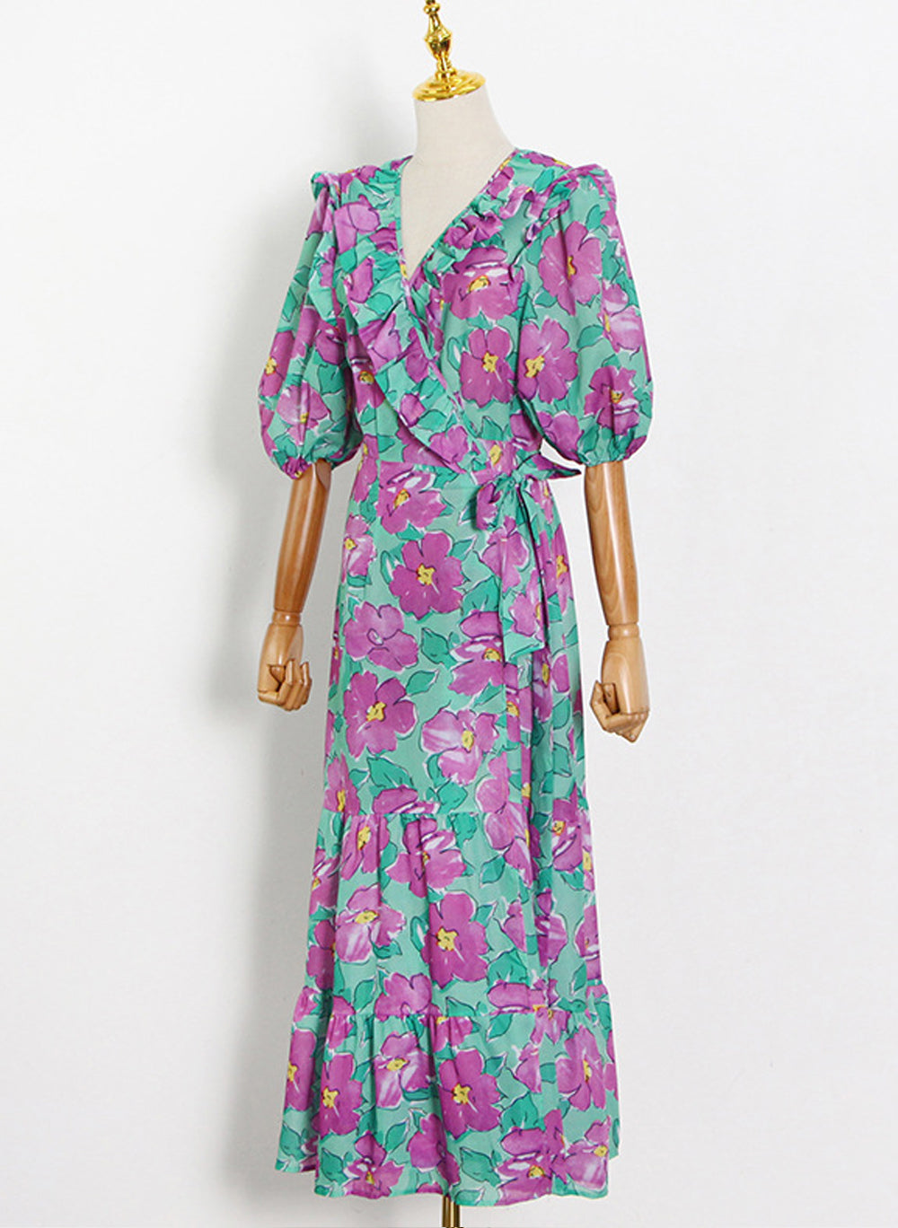 Puffy Sleeve Ruffled V-neck Floral Print Wrap Dress