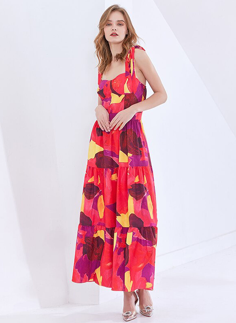 Pablo Print Strappy Fit-and-Flare Maxi Tiered Dress