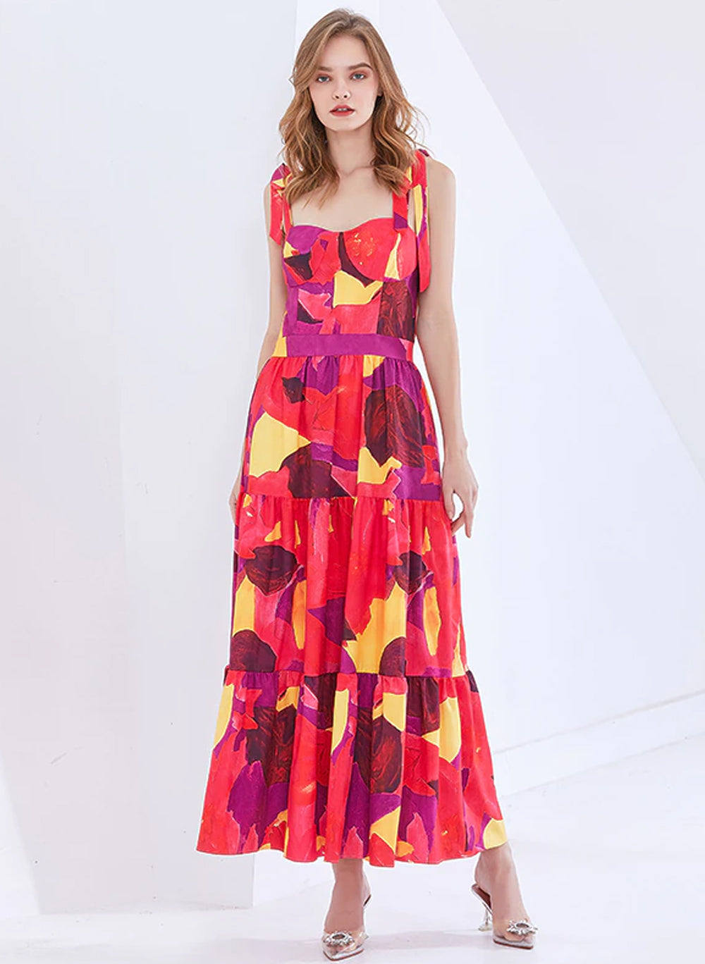 Pablo Print Strappy Fit-and-Flare Maxi Tiered Dress